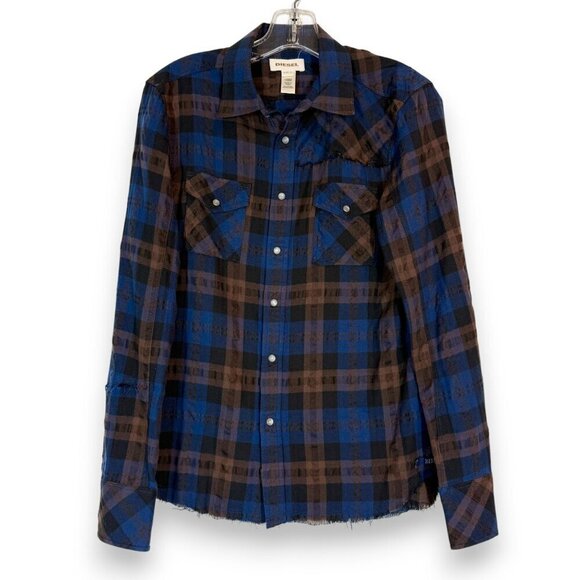 Diesel Long Sleeve Shirt Plaid Blue Brown Western Rockabilly Snap Small - Picture 1 of 13